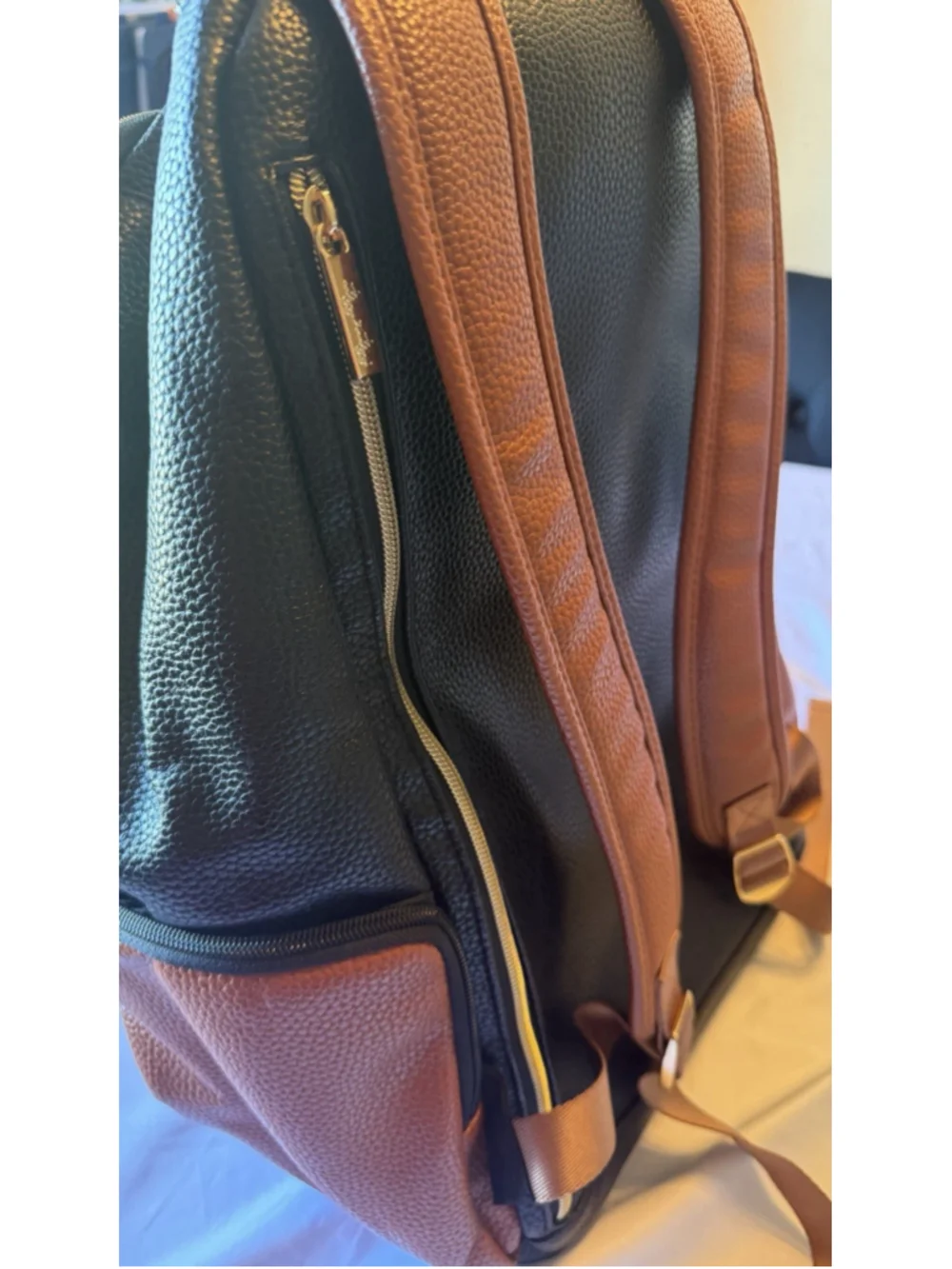 Itzy Ritzy Diaper Bag Large Boss Backpack Bottle Pocket Herringbone Coffee Cream